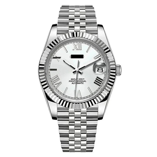 Silver watch with a white dial on a white background